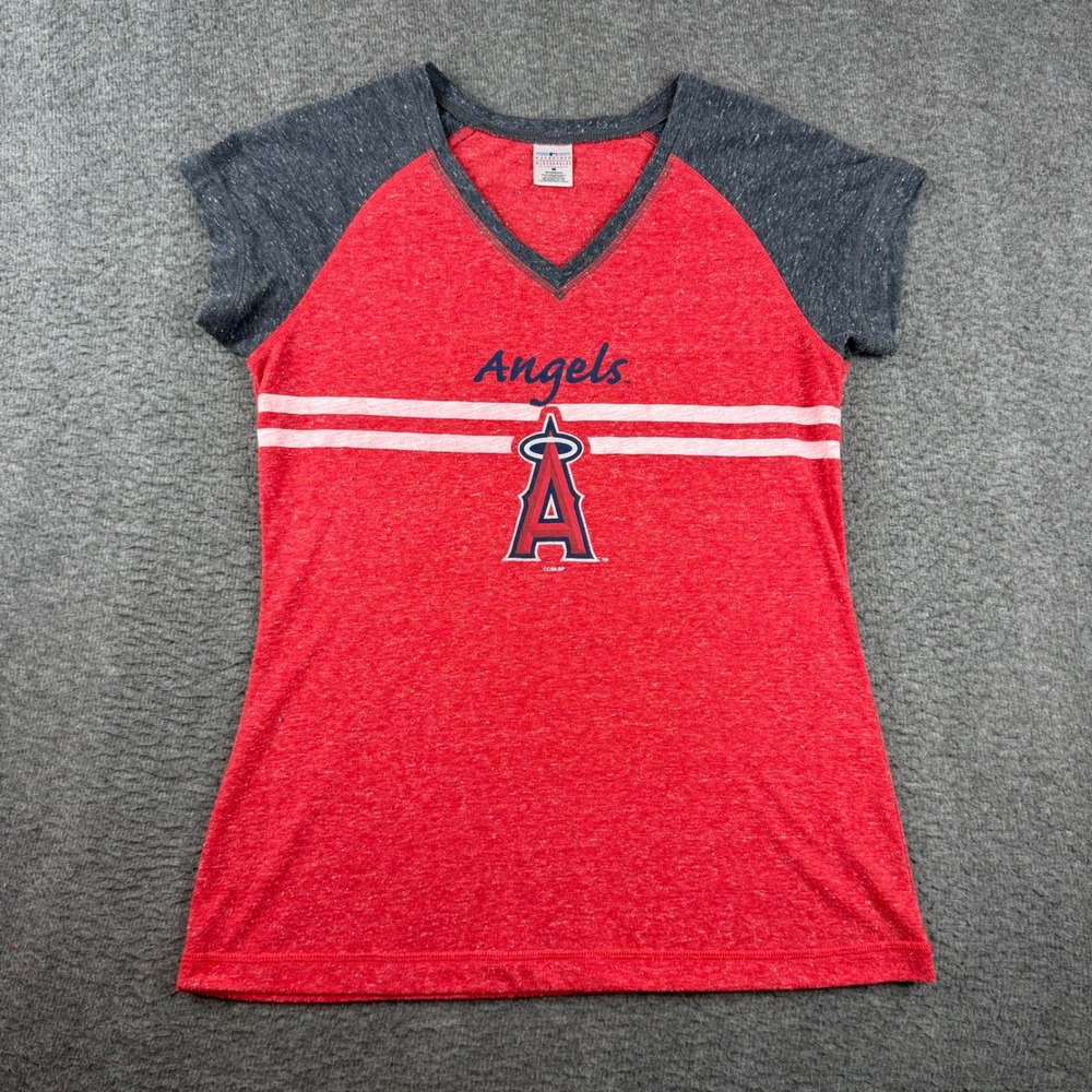Sideline Apparel MLB Angels T-Shirt Women's Medium Red Raglan V-Neck Logo Tee